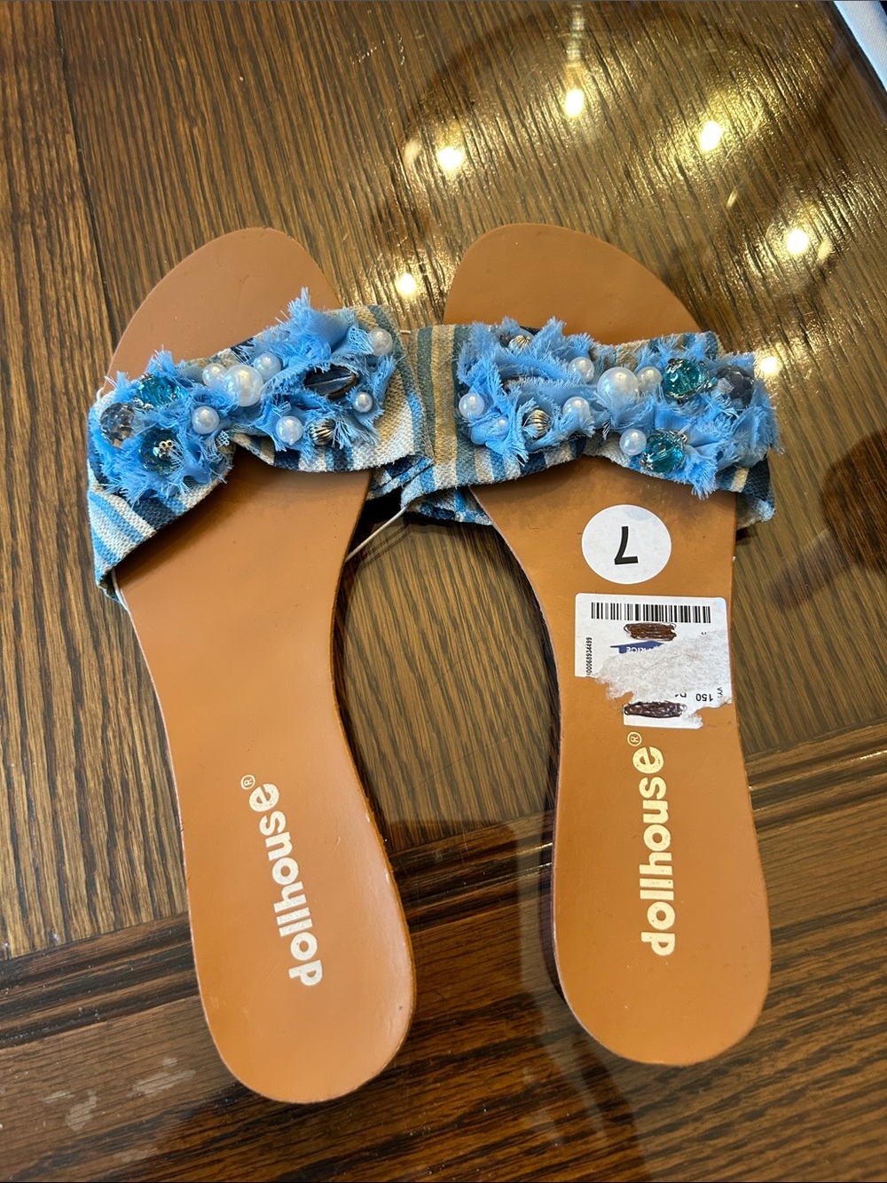 Dollhouse Blue Beaded Denim-Style Slide Sandals